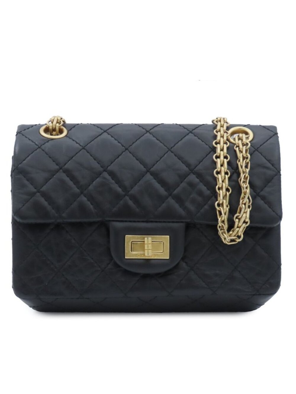 Chanel Black Gold Calfskin Quilted 2.55 Aged Chain Shoulder Bag